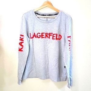 NWT KARL LAGERFELD  PARIS GRAY SWEATER RED WRITING SILVER STUDS